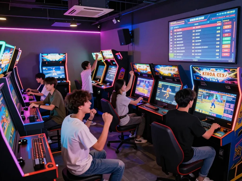 Experience the excitement of tải game hitclub with friends in a vibrant arcade atmosphere, showcasing dynamic gaming activities.