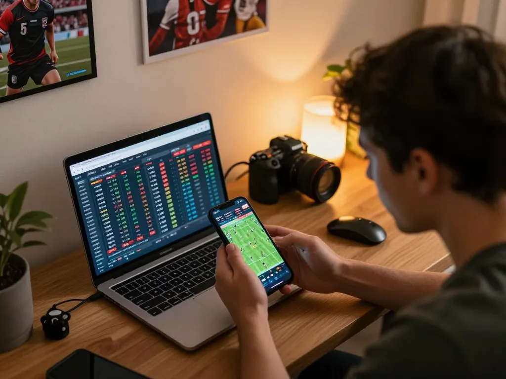 56WIN sports betting action with user analyzing live odds on smartphone in cozy home office.