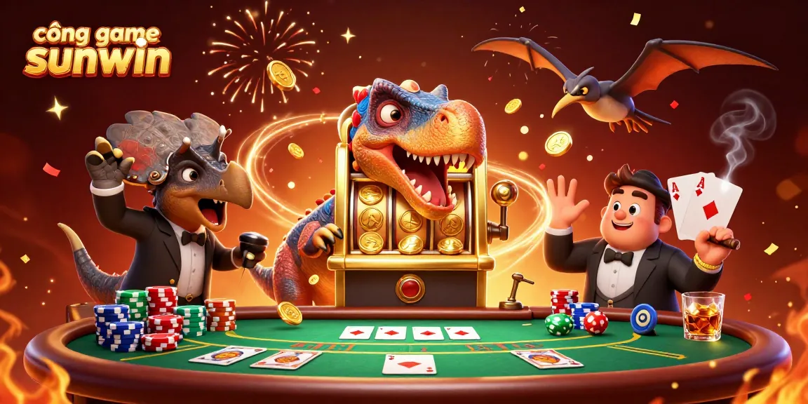 Spin the golden slot machine with cổng game sunwin as characters catch flying coins in a lively casino scene.