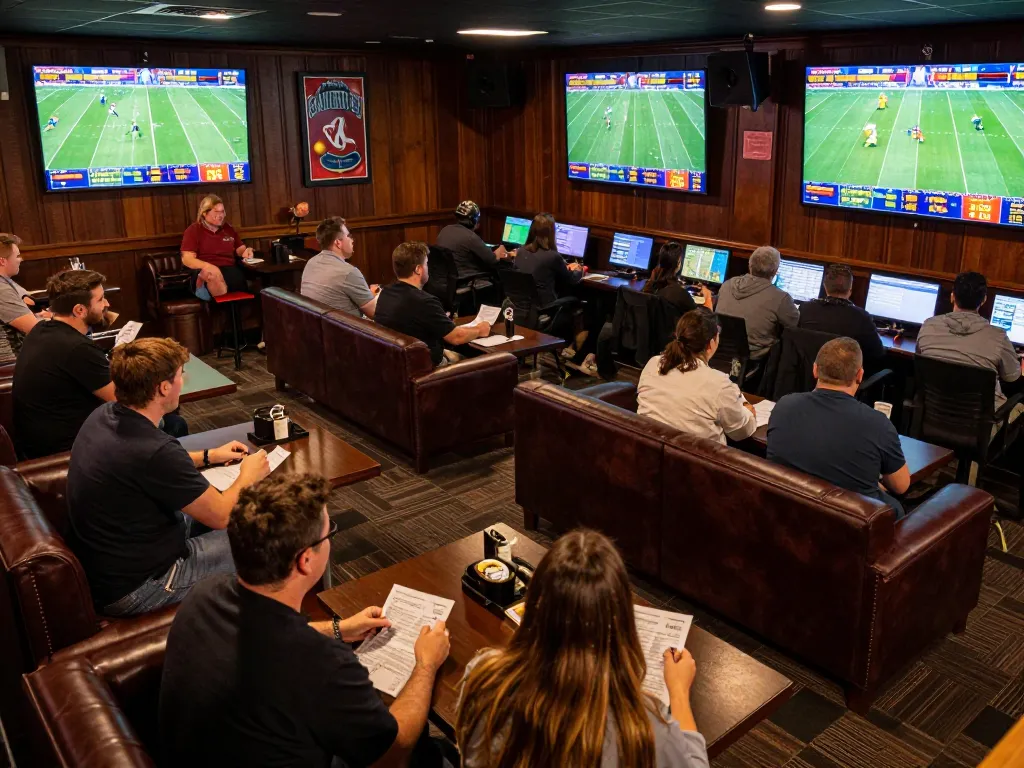 ZBET players celebrating during a thrilling sports betting event at an upscale lounge