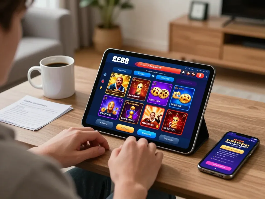 Engaging player on EE88 casino app showcasing tablet and smartphone in vibrant home environment.