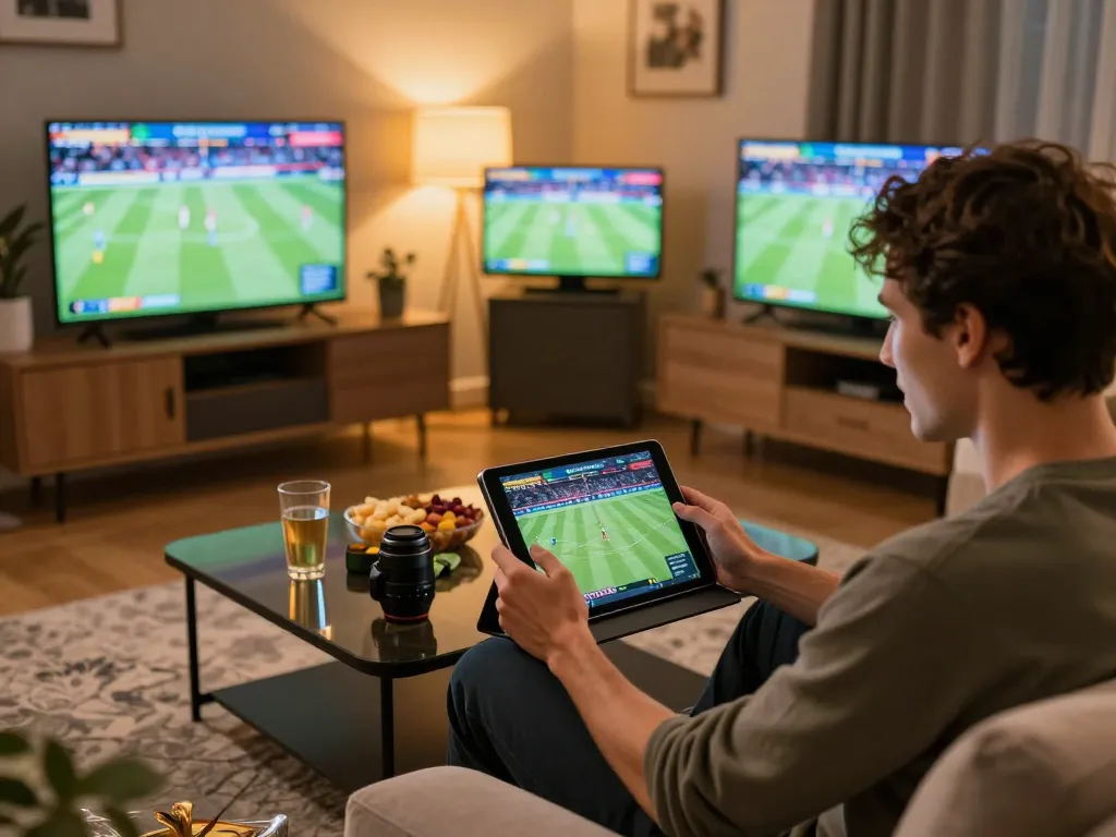 Engaged bettor placing wagers using the debet app in a cozy home setting, showcasing strategic sports betting.