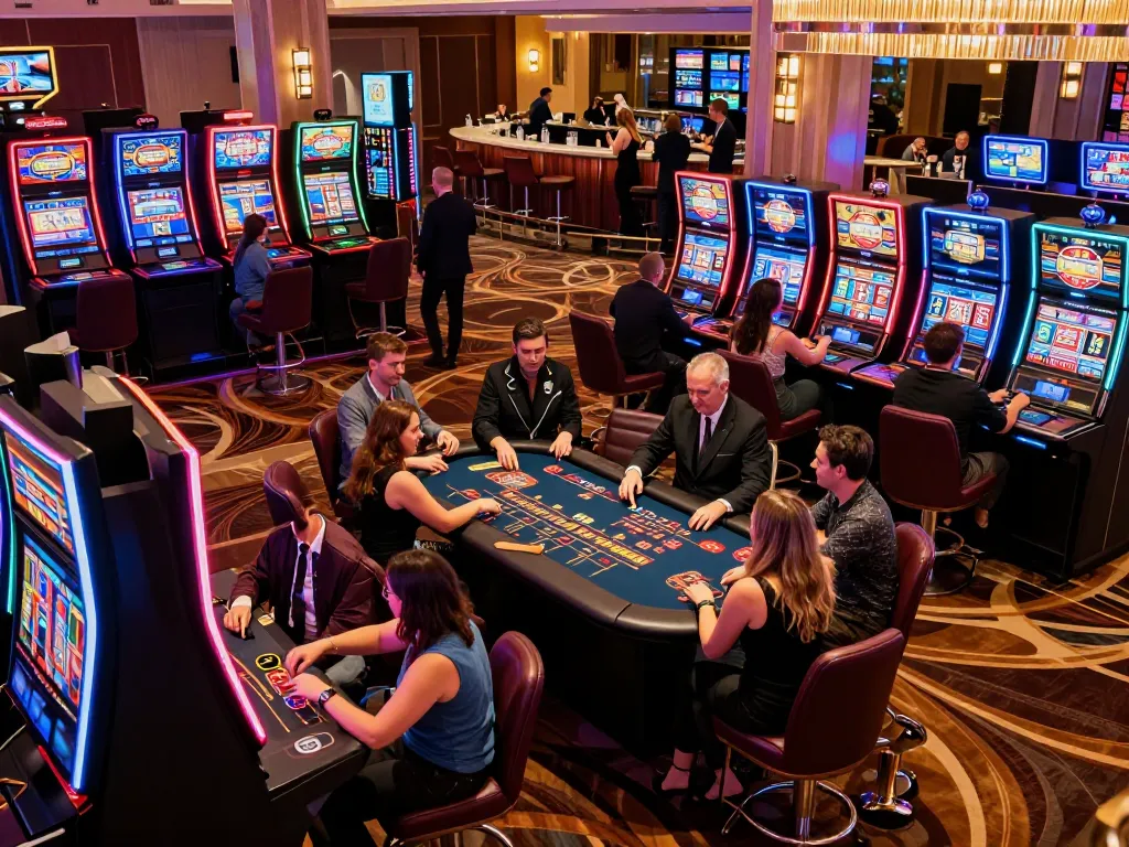 FLY88 players enjoying dynamic games in a vibrant casino atmosphere with luxurious decor.