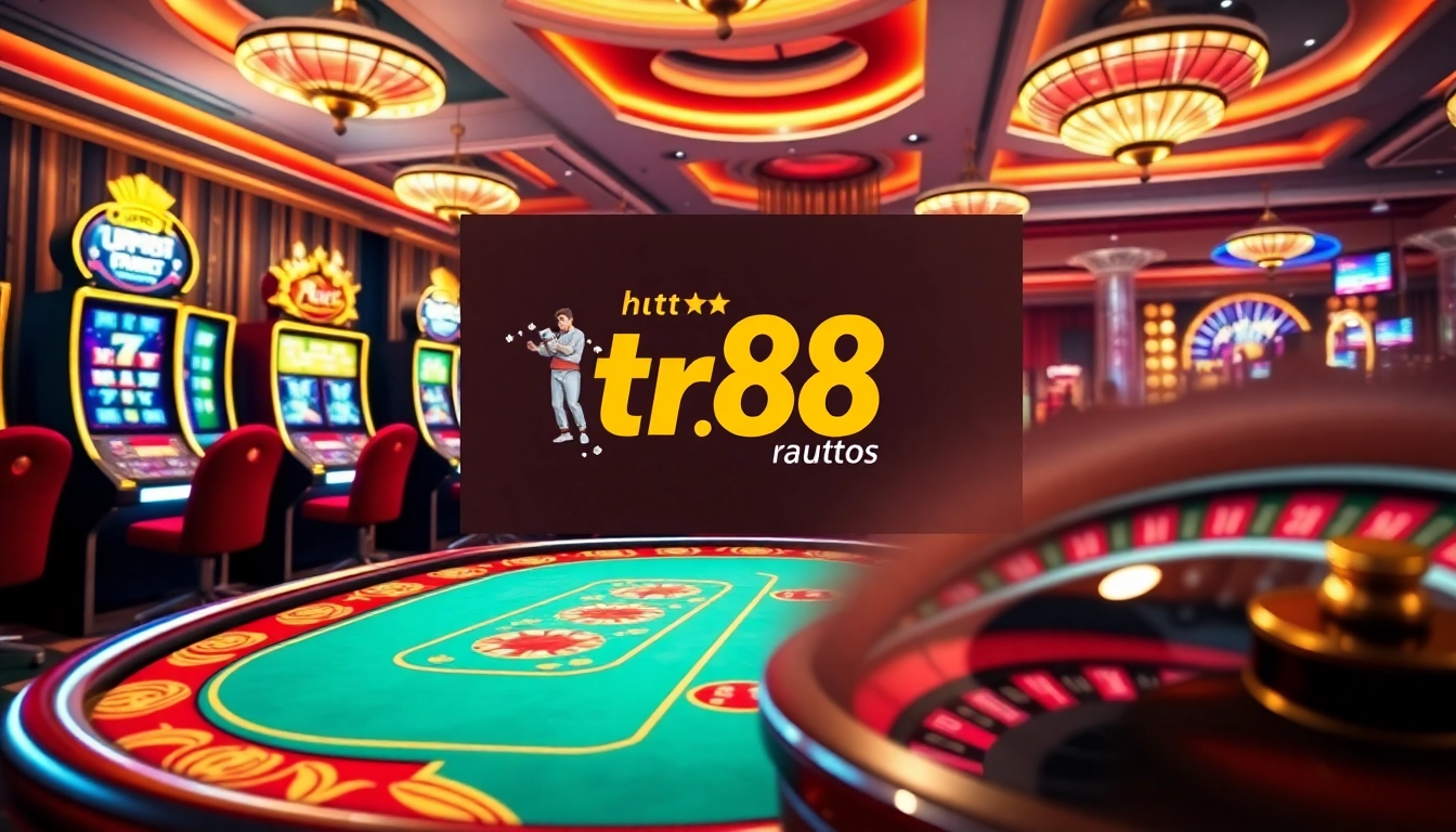 Experience the thrill at https://tr88.autos/ with vibrant casino scenes featuring poker tables and slot machines.