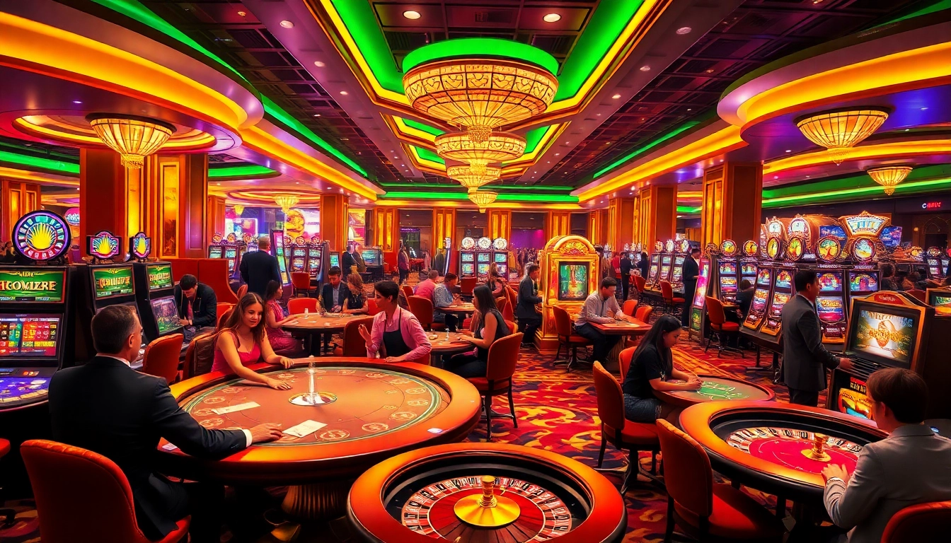 SODO casino scene showcasing enthusiastic players at poker and blackjack tables amid colorful slot machines.