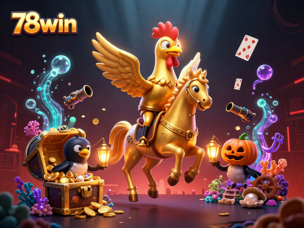 Experience thrilling action at 78win with golden rooster in a casino adventure scene bursting with treasure.