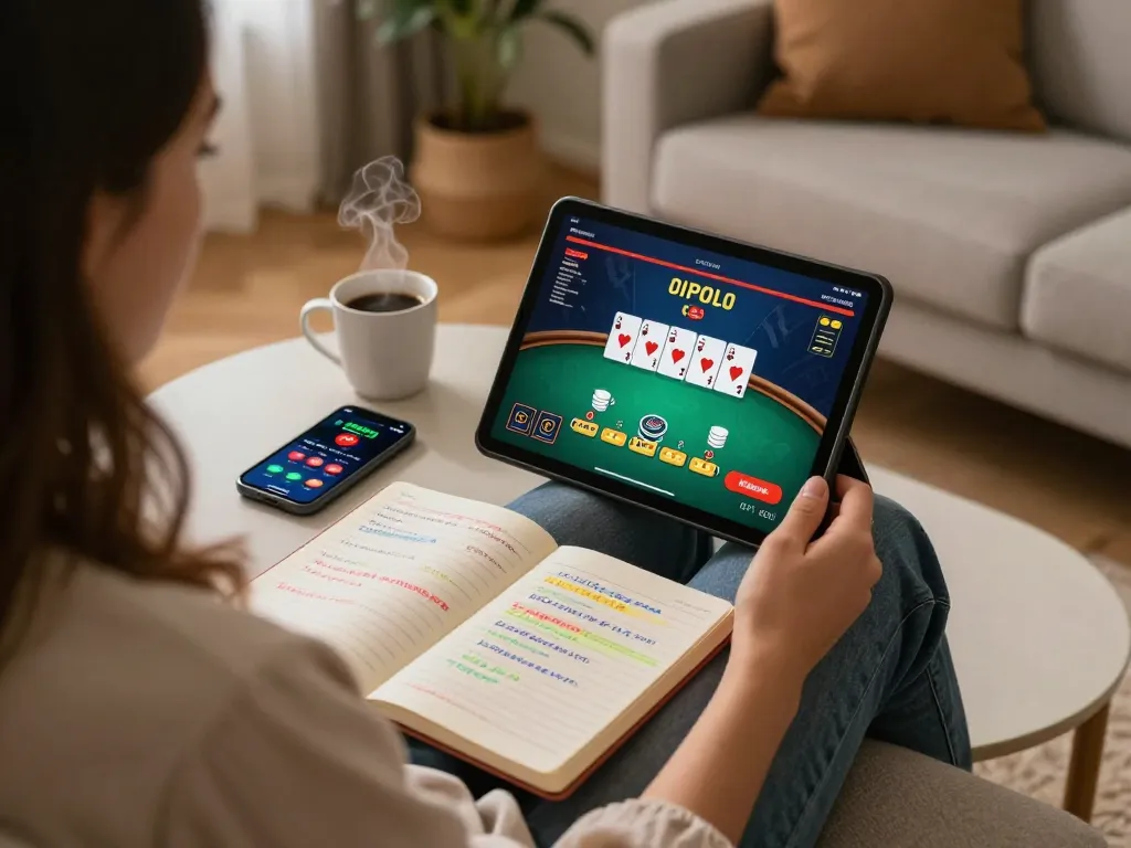 Engaging with poker gameplay on 78winvina tablet at home with strategy notes, showcasing responsible gaming.