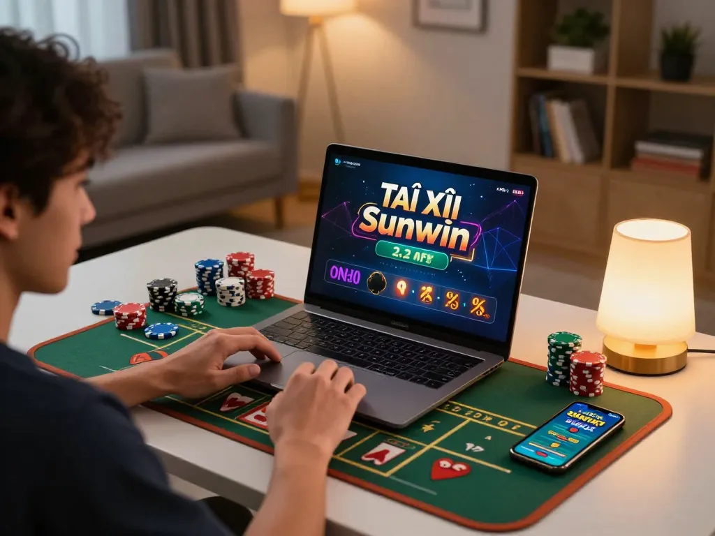 Tài Xỉu Sunwin online gaming setup with a player using a laptop, showcasing strategic betting and responsible gambling.