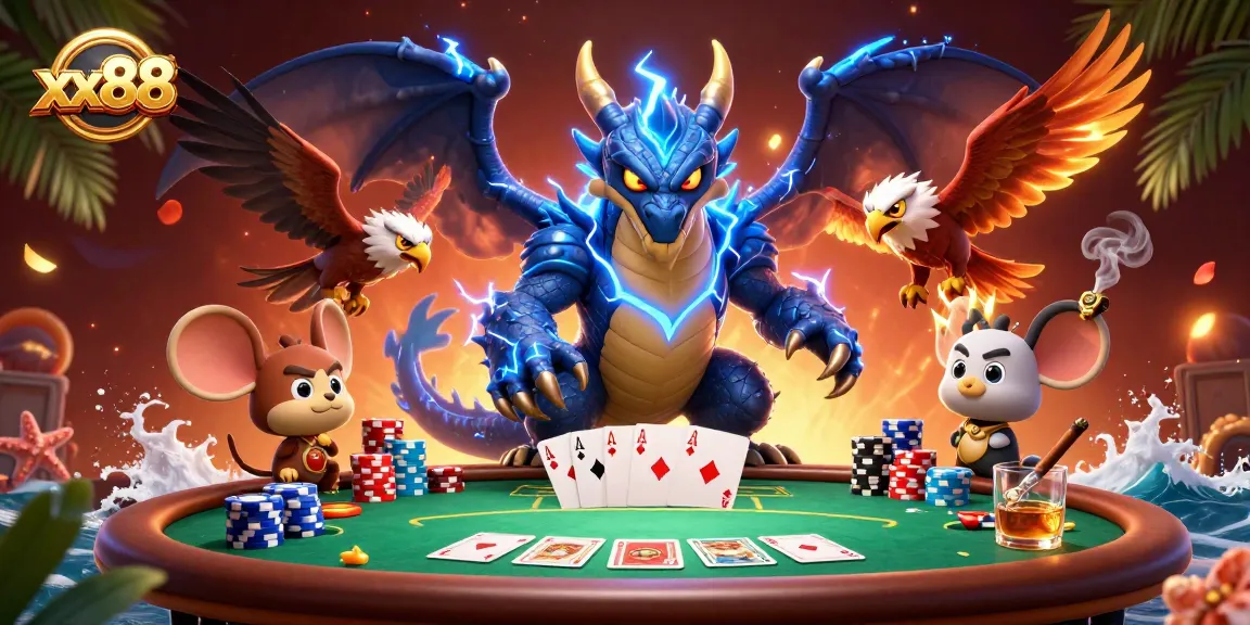 Play exciting poker with xx88 in a vibrant 3D casino scene featuring electric characters and dynamic elements