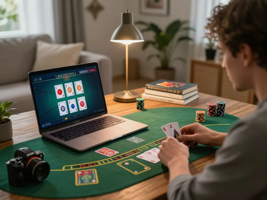 Player engages in strategic online blackjack gameplay with QQ88, showcasing a cozy home setup.