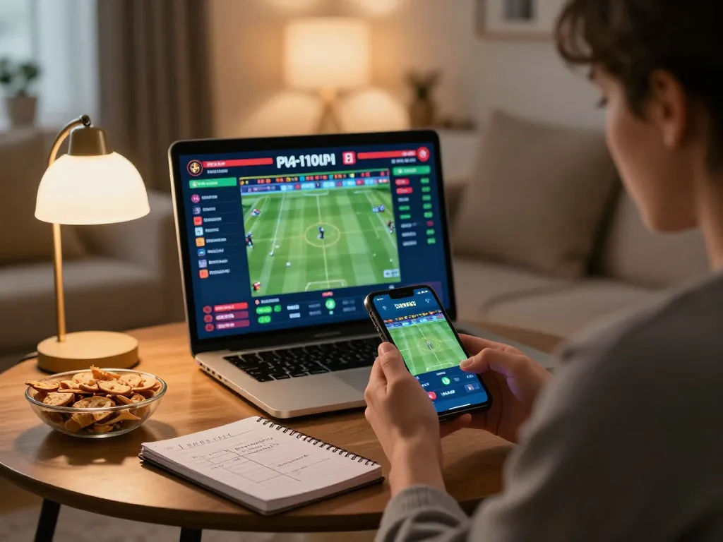 Engaging in tỷ lệ nhà cái sports betting from home with strategic notes and snacks.