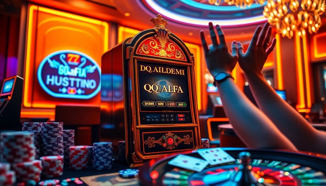 Celebrate a big win at QQALFA's luxurious casino with vibrant slot machines and poker chips.