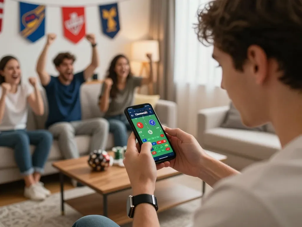 Sports enthusiast using the tylekeonhacai88 betting app while celebrating with friends.