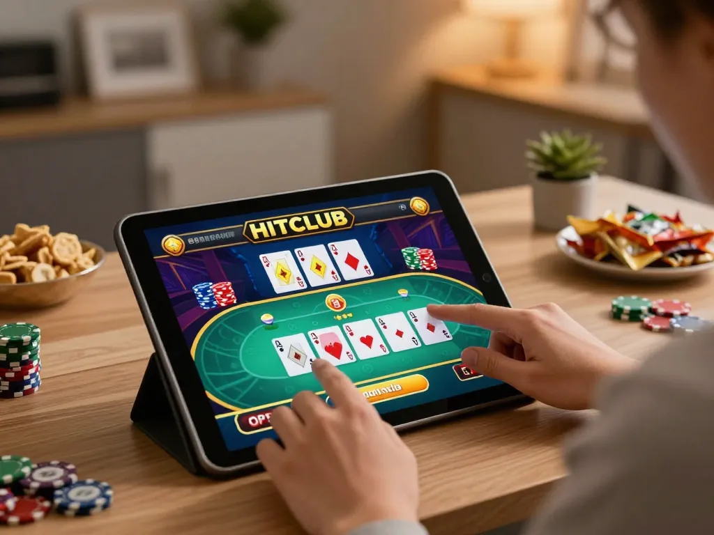 Gambler placing bets at HITCLUB online poker game on a tablet in a cozy home office