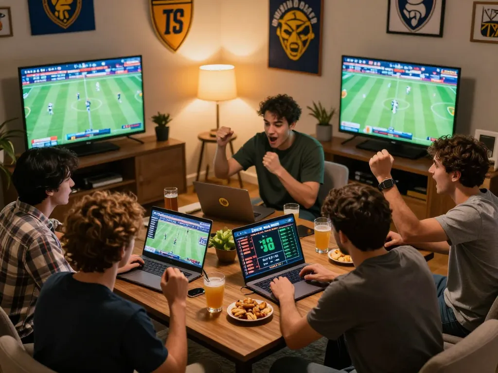 Friends celebrating a live sports bet using hz88 for enhanced odds and excitement.