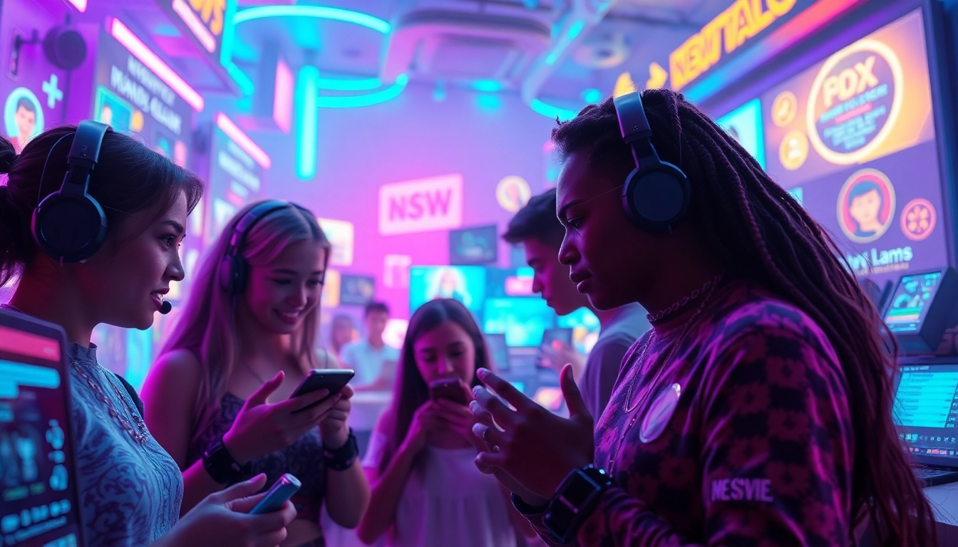 Engaging scene of characters interacting in a neon-lit NSFW AI chat platform, showcasing the excitement of ai nsfw.