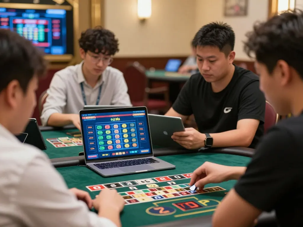 Engaging in Game Tài Xỉu online, players actively analyze bets on laptops amid dynamic digital elements