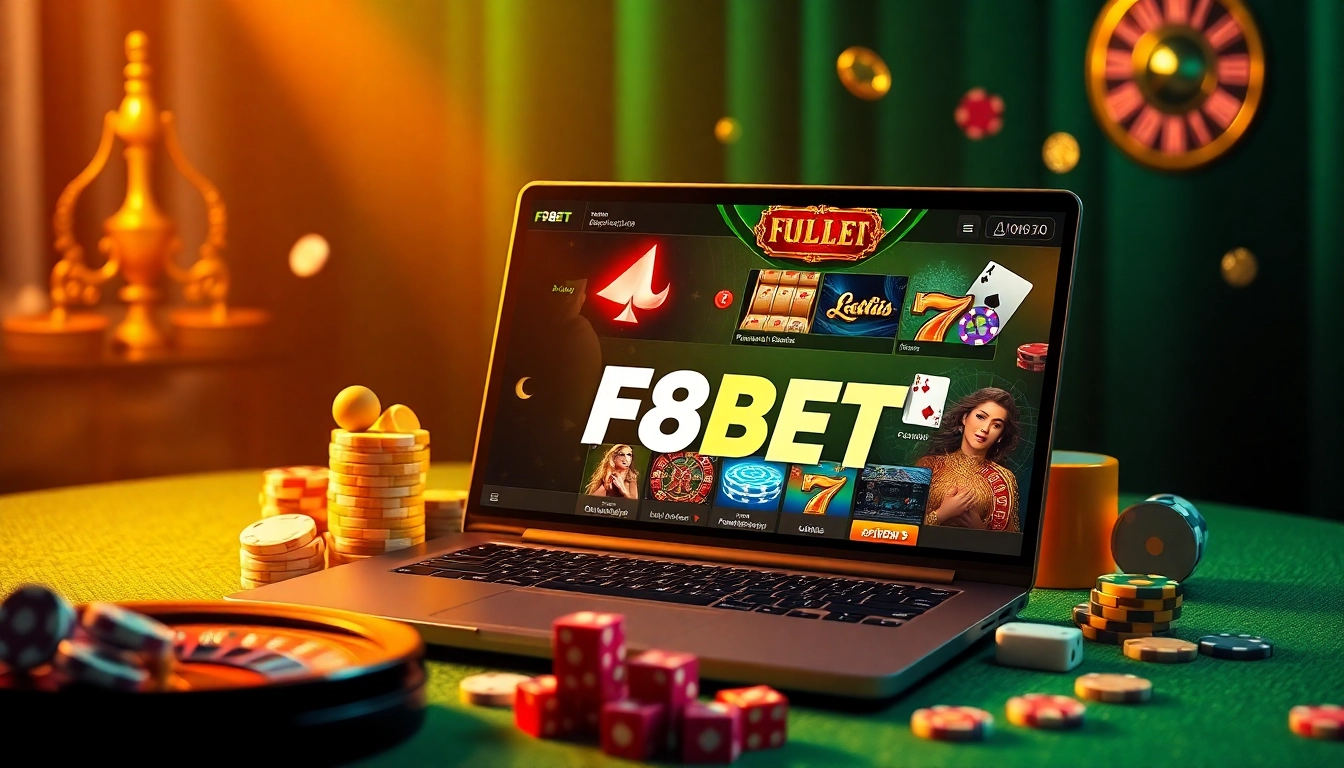 Experience F8BET trang chủ on a sleek device, featuring vibrant online gambling action with casino elements.