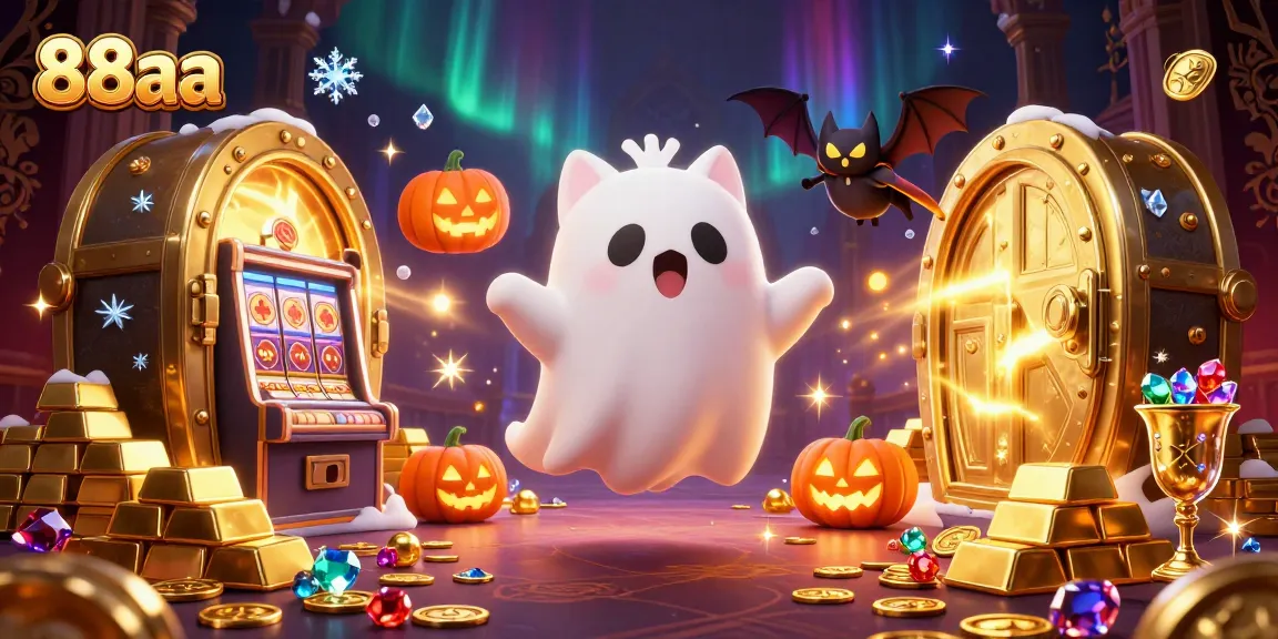 Engage in thrilling gameplay with 88aa, where a ghost cat and bat companion illuminate a vibrant haunted casino.