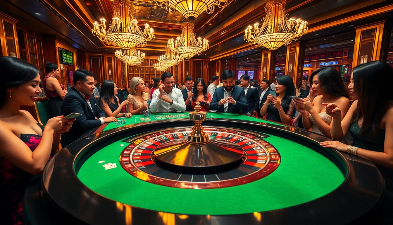Excited gamblers at a roulette table showcasing a vibrant atmosphere on jun88.com.