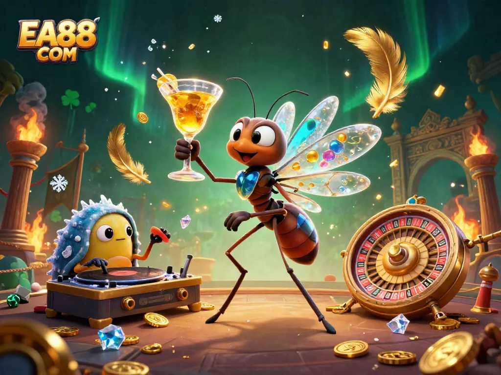 Experience thrilling gameplay with EA88 COM in a dynamic casino art scene featuring a unique cocktail-wielding mascot.