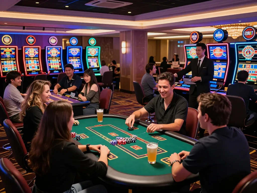 Friends enjoying gaming at BK8 casino with vibrant atmosphere and neon lights.