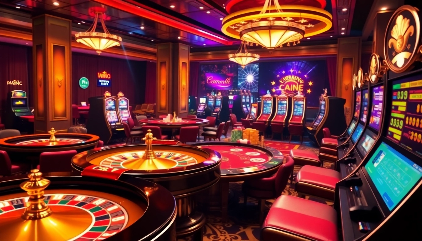 Exciting casino scene showcasing nhà cái alo789 with roulette wheels and poker tables in a vibrant atmosphere.