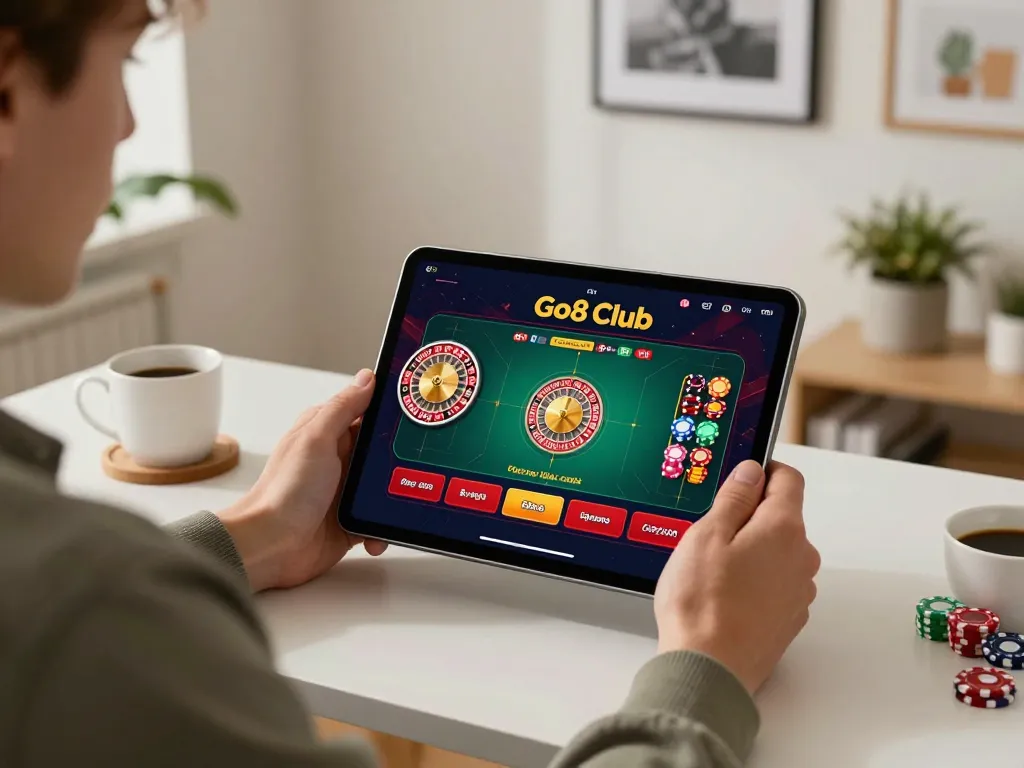 Engaged player using the Go8 club app for an exciting online roulette game in a cozy home setting.