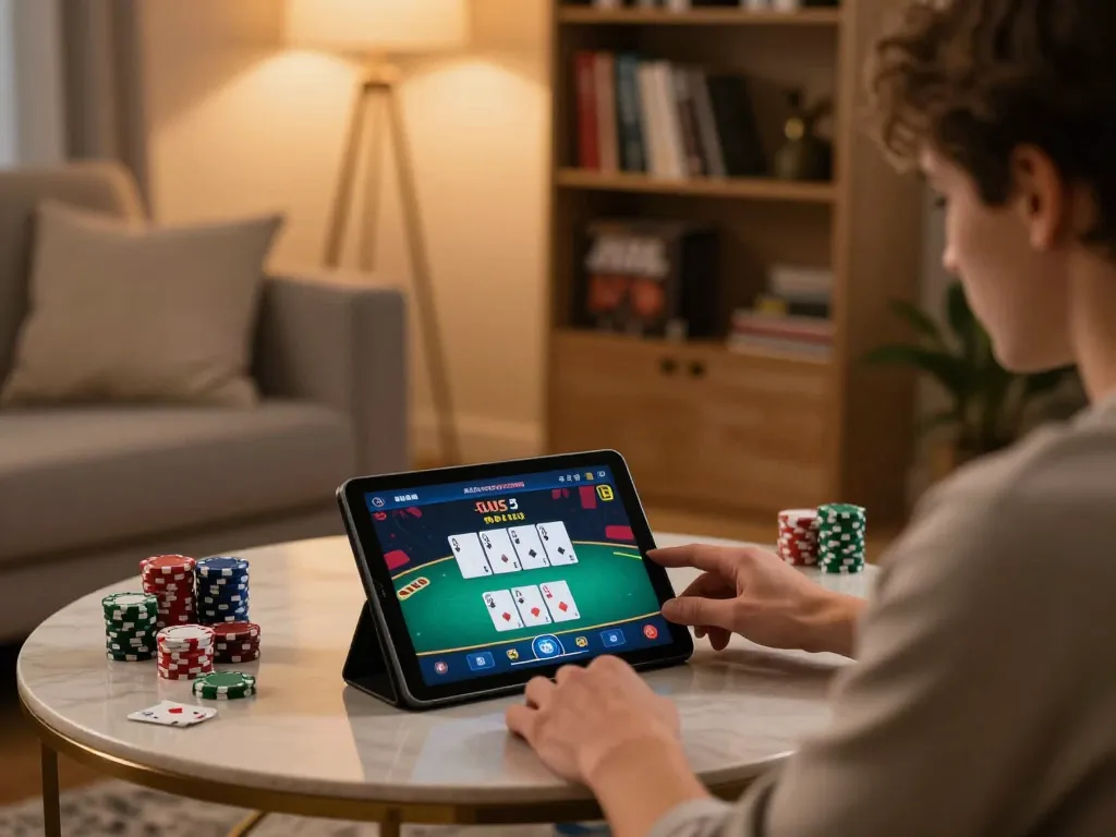 A player engaging in a poker game on a tablet, showcasing the link mb66 for online casino action in a cozy home setting.