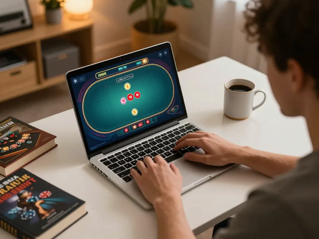 Poker player engaging in online fabet gaming at home, immersed in strategy and focus.
