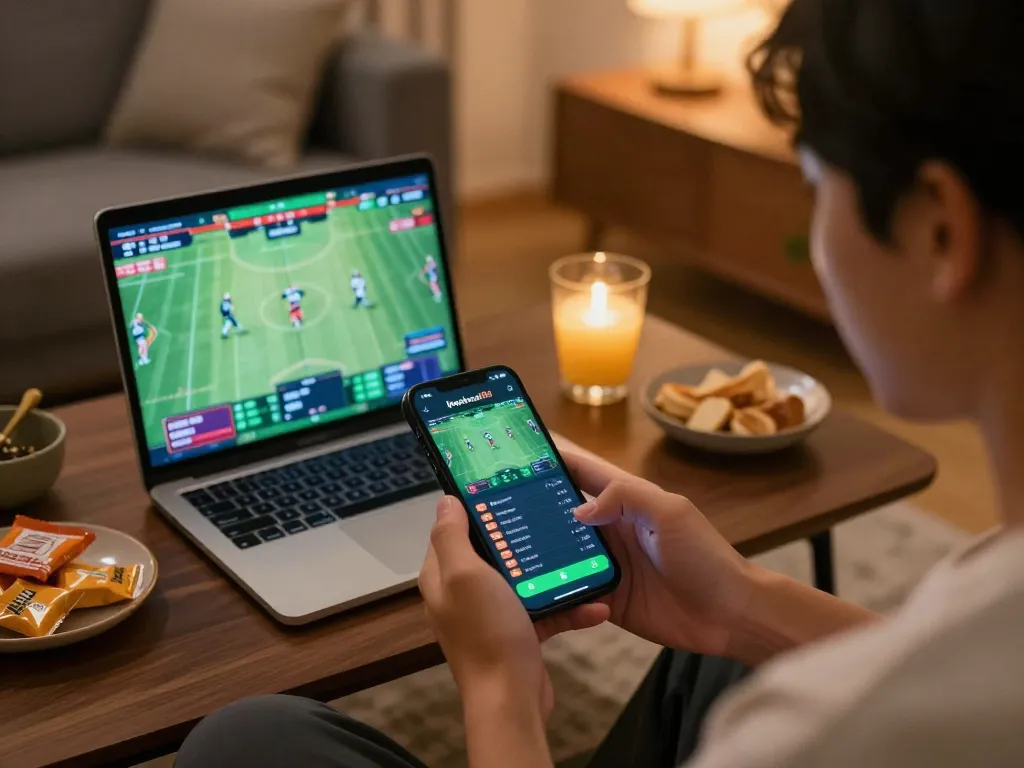 Person using keonhacaii88 app for sports betting in a cozy living room setting