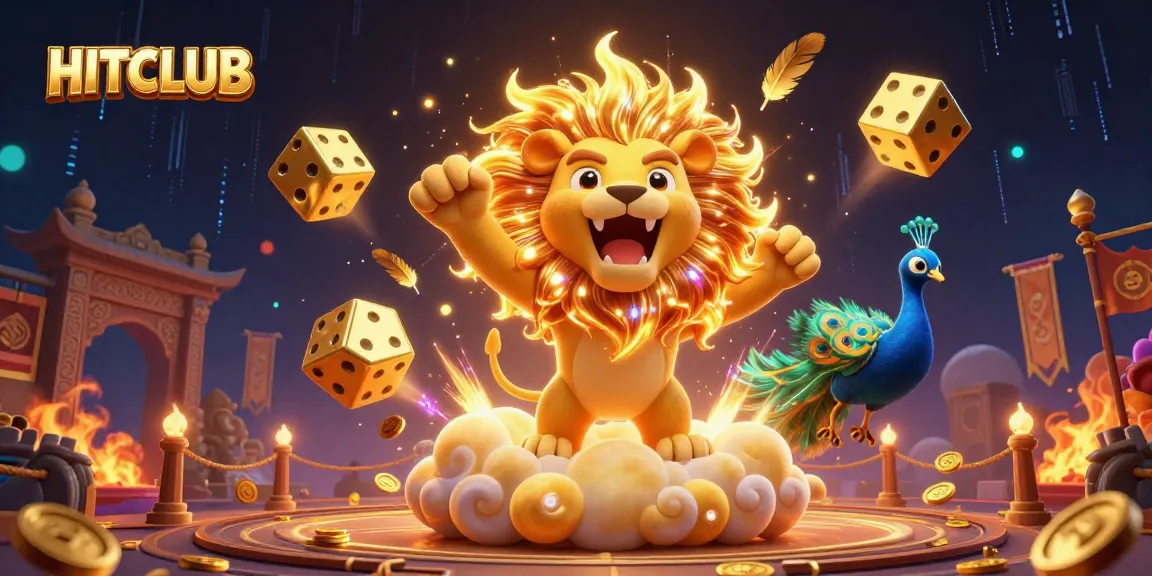 Join the excitement at HITCLUB, where a sun lion roars amid vibrant gambling elements and golden treasures.