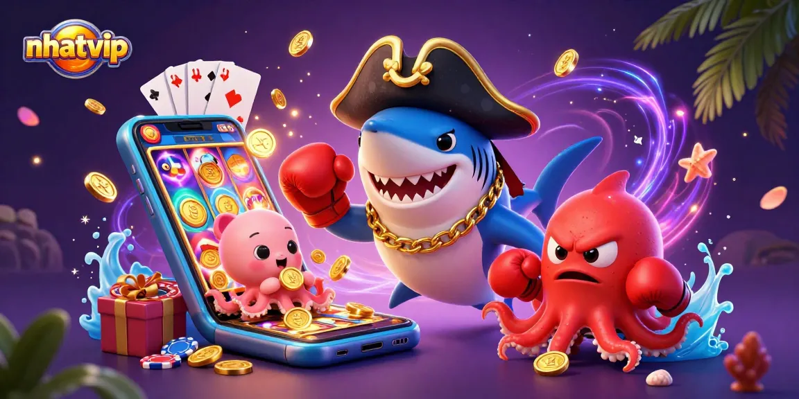 Nhatvip engages players with a thrilling 3D casino scene featuring dynamic characters and gaming elements.