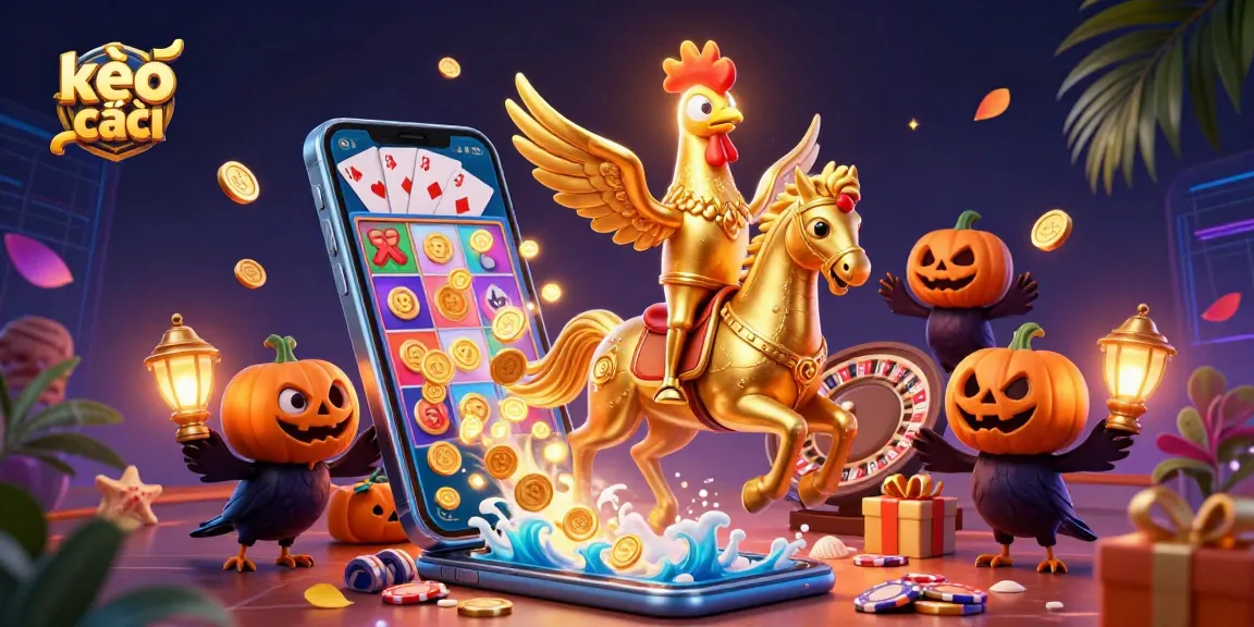 Kèo nhà cái illustration with a golden rooster riding a spectral horse in a lively casino scene