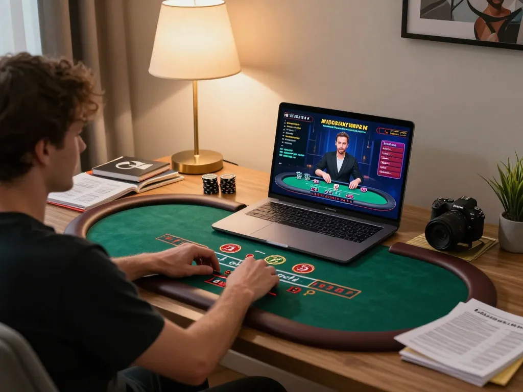 Engaging gaming atmosphere at https://www.atqvn.com/ with player focused on live blackjack dealer in home office.