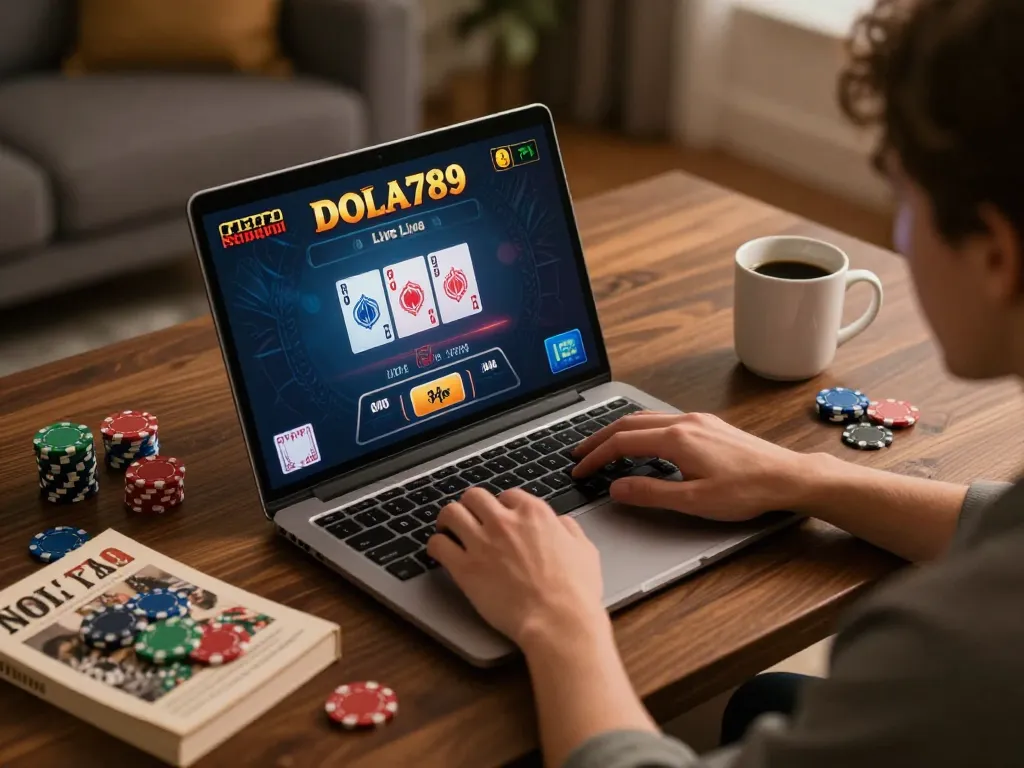 DOLA789 player engaging in live dealer blackjack from home, showcasing online gambling excitement.