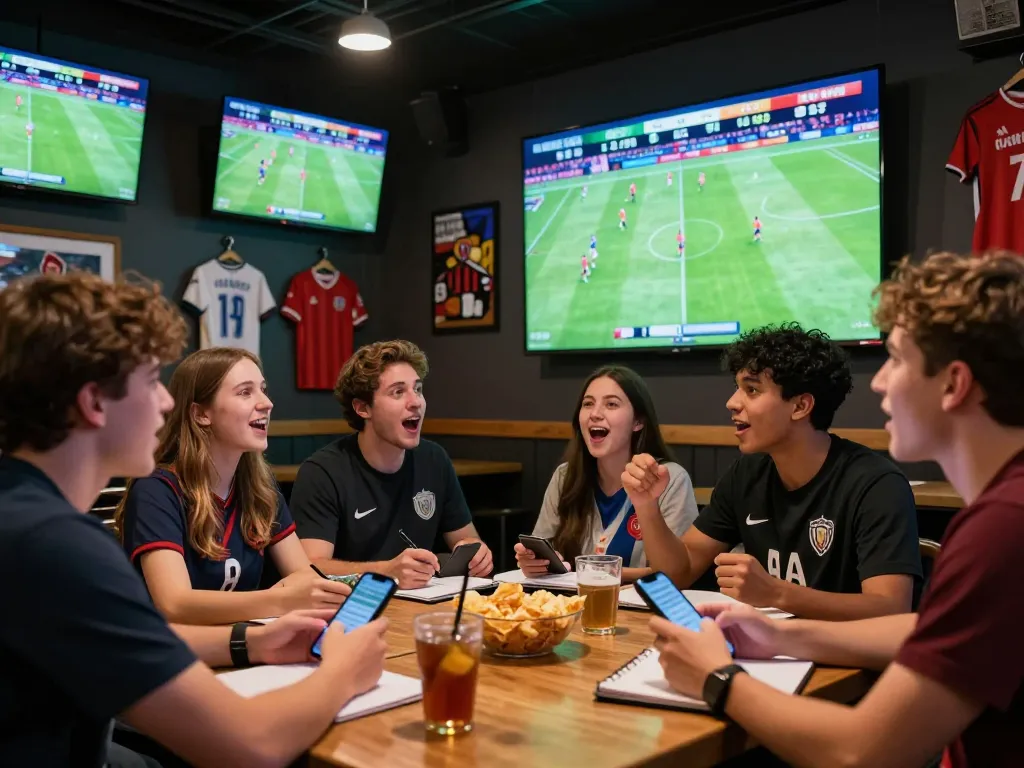 Excited fans engaging with live football scores at a sports bar, using nowgoal for real-time betting insights.