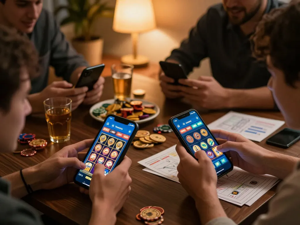 Engaging fingers tapping on tải sunwin app screen for online gaming, cozy atmosphere.
