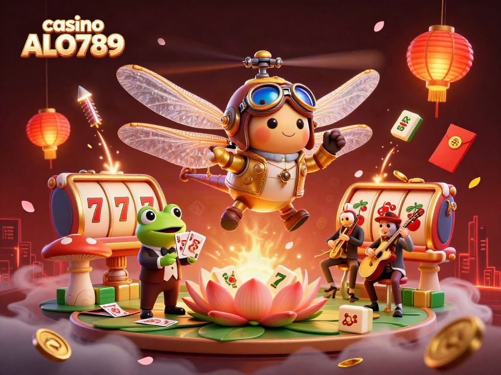 Experience thrilling games at casino ALO789 with a lively 3D scene featuring a dragonfly pilot and card dealing frog.