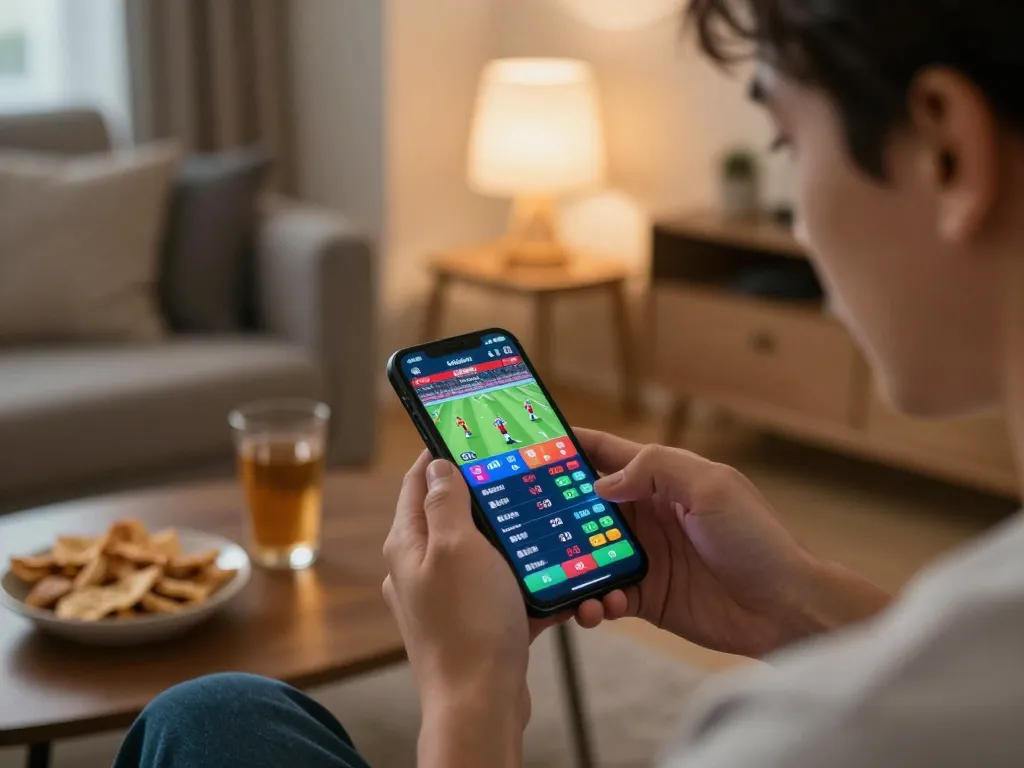 Placing bets on 9win mobile app during sports event, with snacks and drinks in a cozy setting.