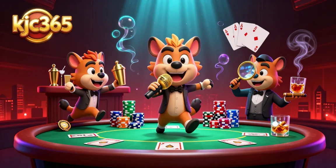Engage in lively casino fun with kjc365's comedic hyena characters at a vibrant venue.