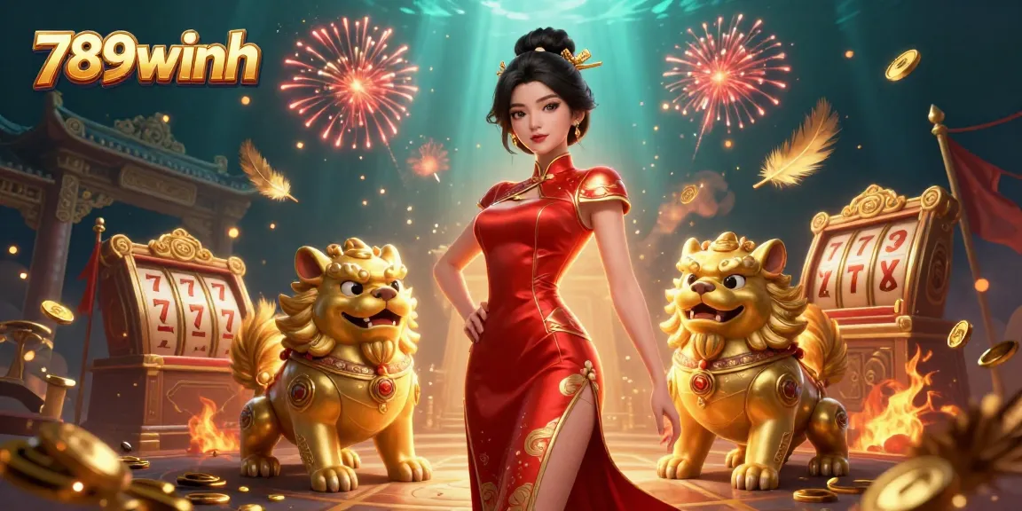 Experience winning at 789winh with vibrant casino-themed illustration featuring a glamorous woman and golden foo dogs.