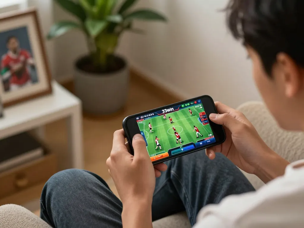 Engaging in sports betting on 33win mobile app in a cozy home environment.