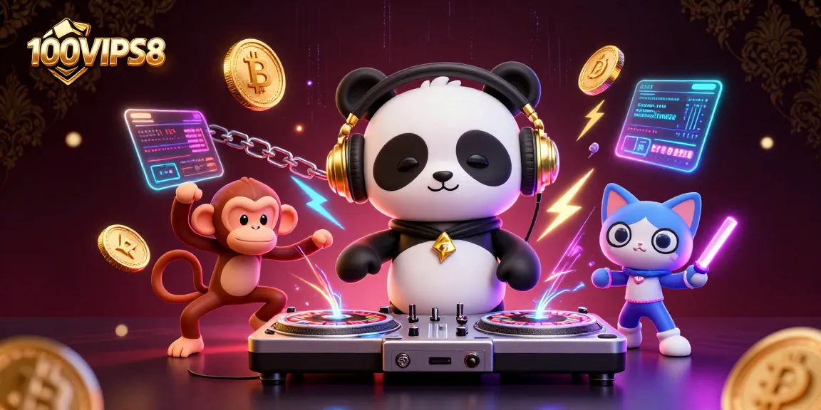 Engage with 100VIPS8's vibrant casino experience featuring lively characters and neon gaming elements.