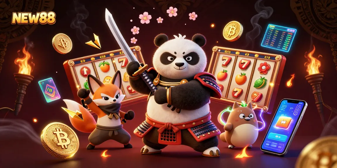Experience thrilling gameplay at NEW88 with a samurai panda and ninja fox surrounded by vibrant casino icons.