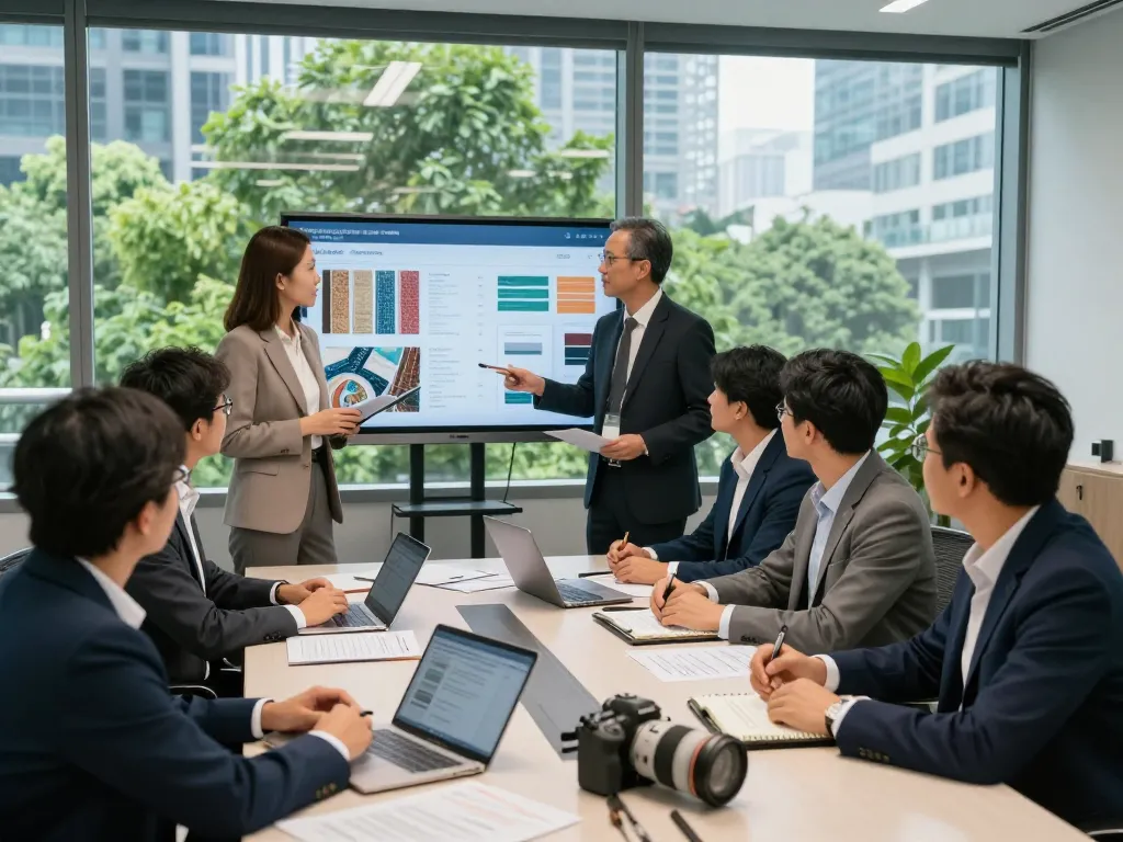 Sunwin team collaborating on innovative textile solutions in a modern corporate office.