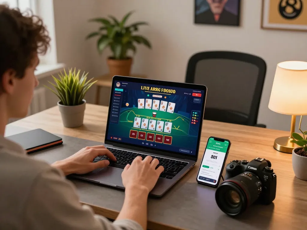 Engaging in live blackjack at the 801 club, showcasing a player's strategic decision-making with a laptop and smartphone setup.