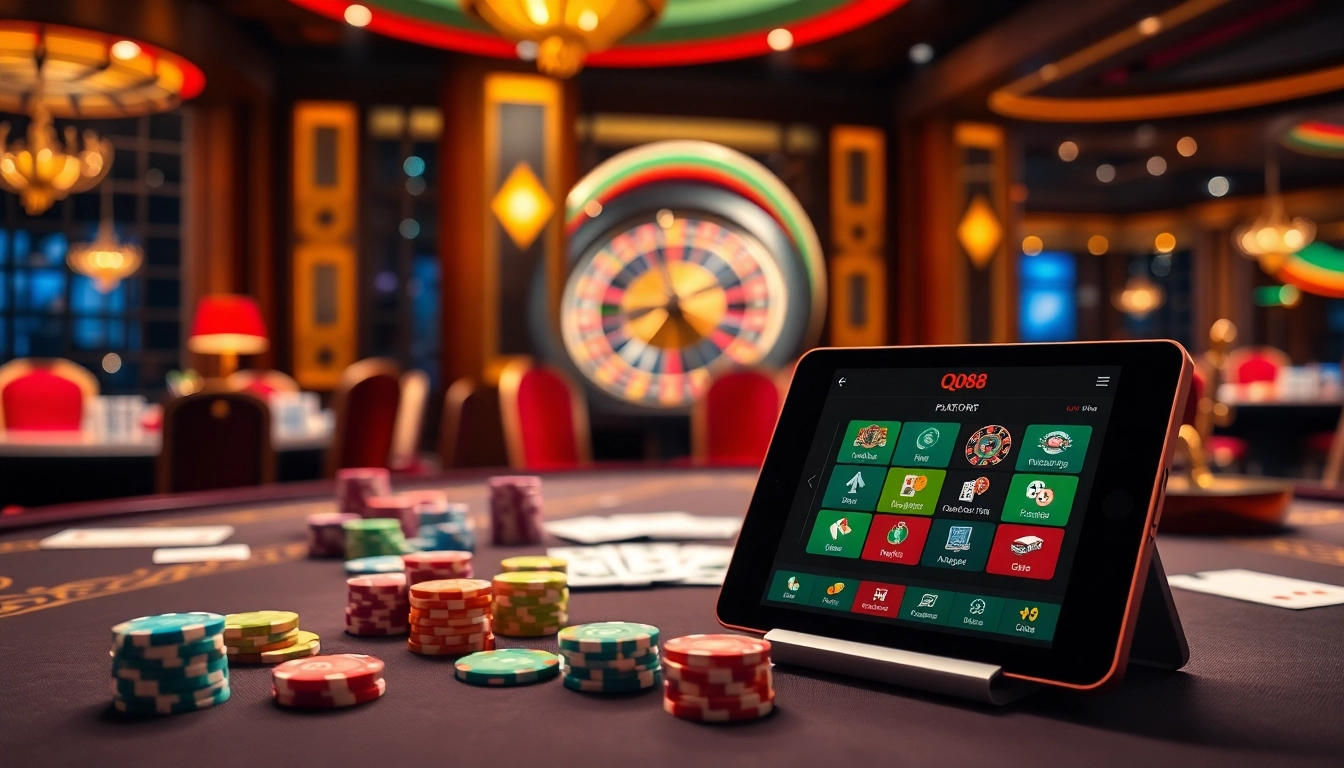 Experience the excitement of qh88 online gaming with vibrant poker chips and a roulette wheel.