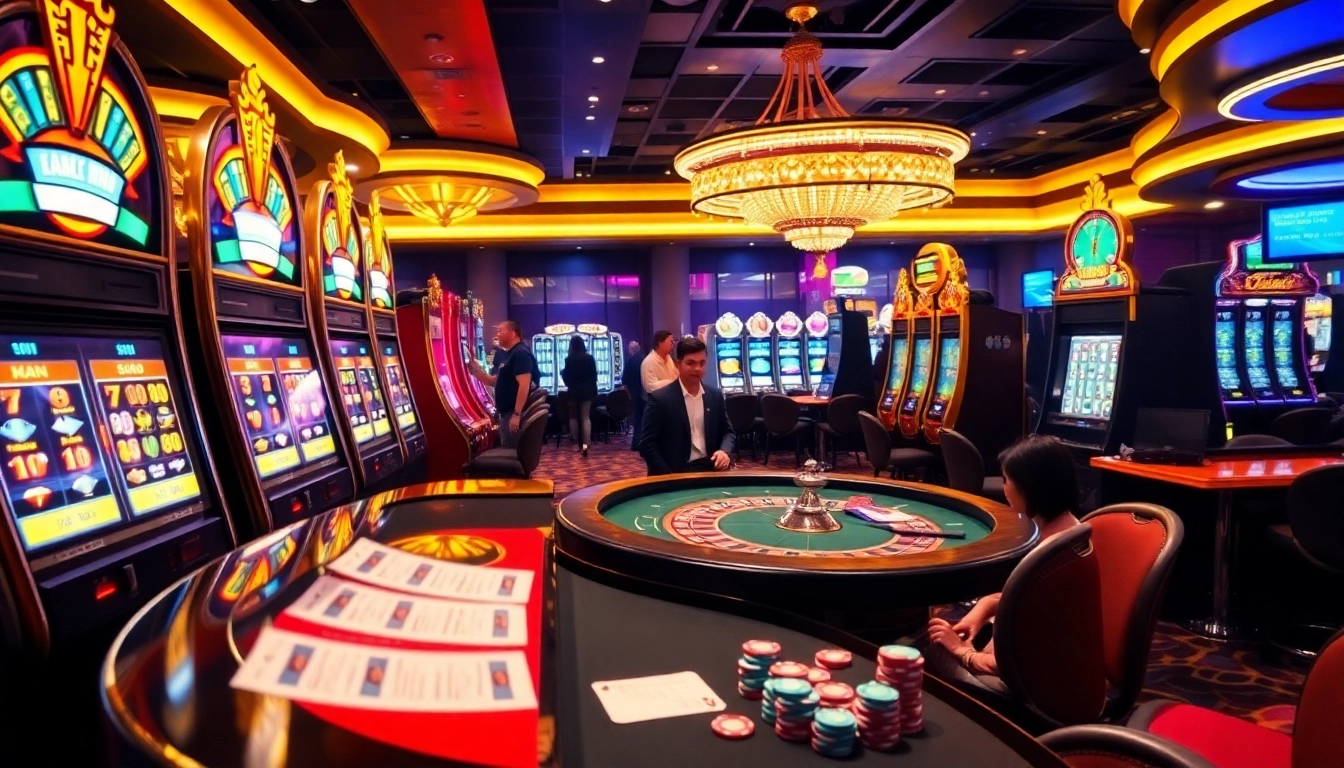 Experience the excitement of lc88 golden as players engage in thrilling casino games amidst vibrant lights.