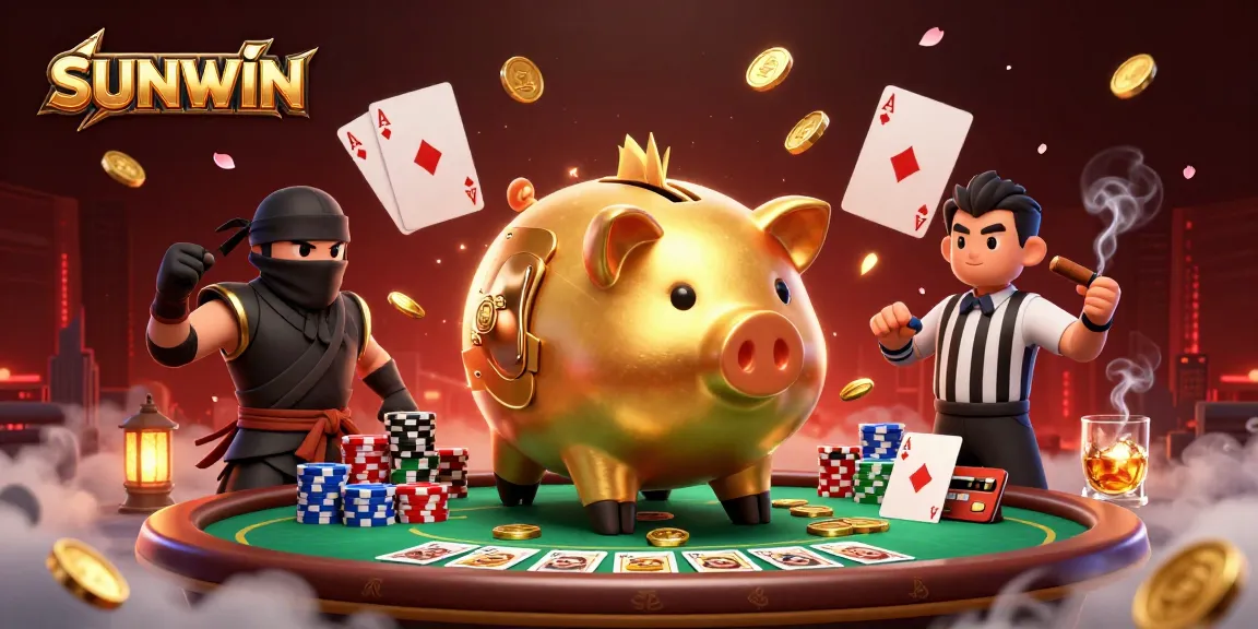 SUNWIN casino adventure features a wealthy piggy bank sumo wrestler, ninja wallet, and samurai referee amidst poker excitement.